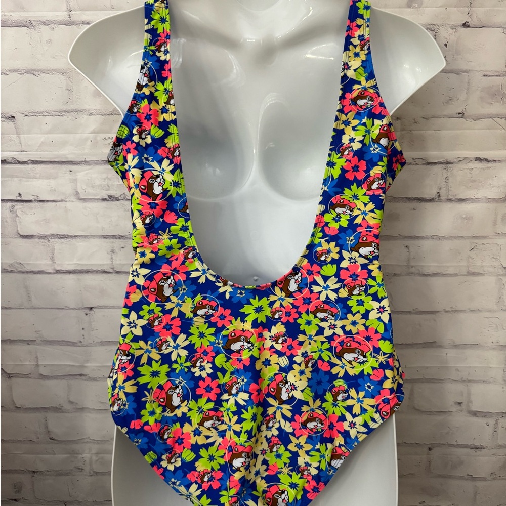 Buc-ee’s Size 2X‎ Blue Neon Floral Beaver Logo One Piece Swimsuit - Picture 3 of 10